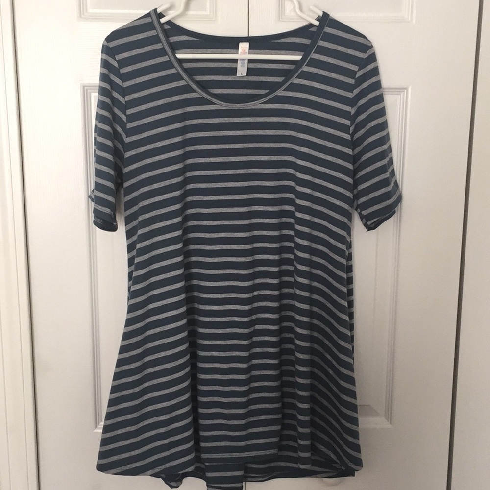 Lularoe Grey / Blue Striped Perfect Tee